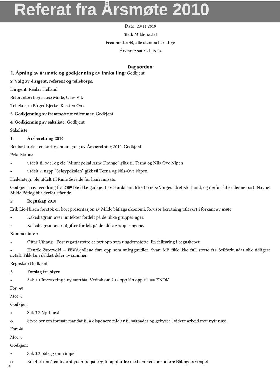 Godkjenning av saksliste: Godkjent Saksliste: 1. Årsberetning 2010 Reidar foretok en kort gjennomgang av Årsberetning 2010.