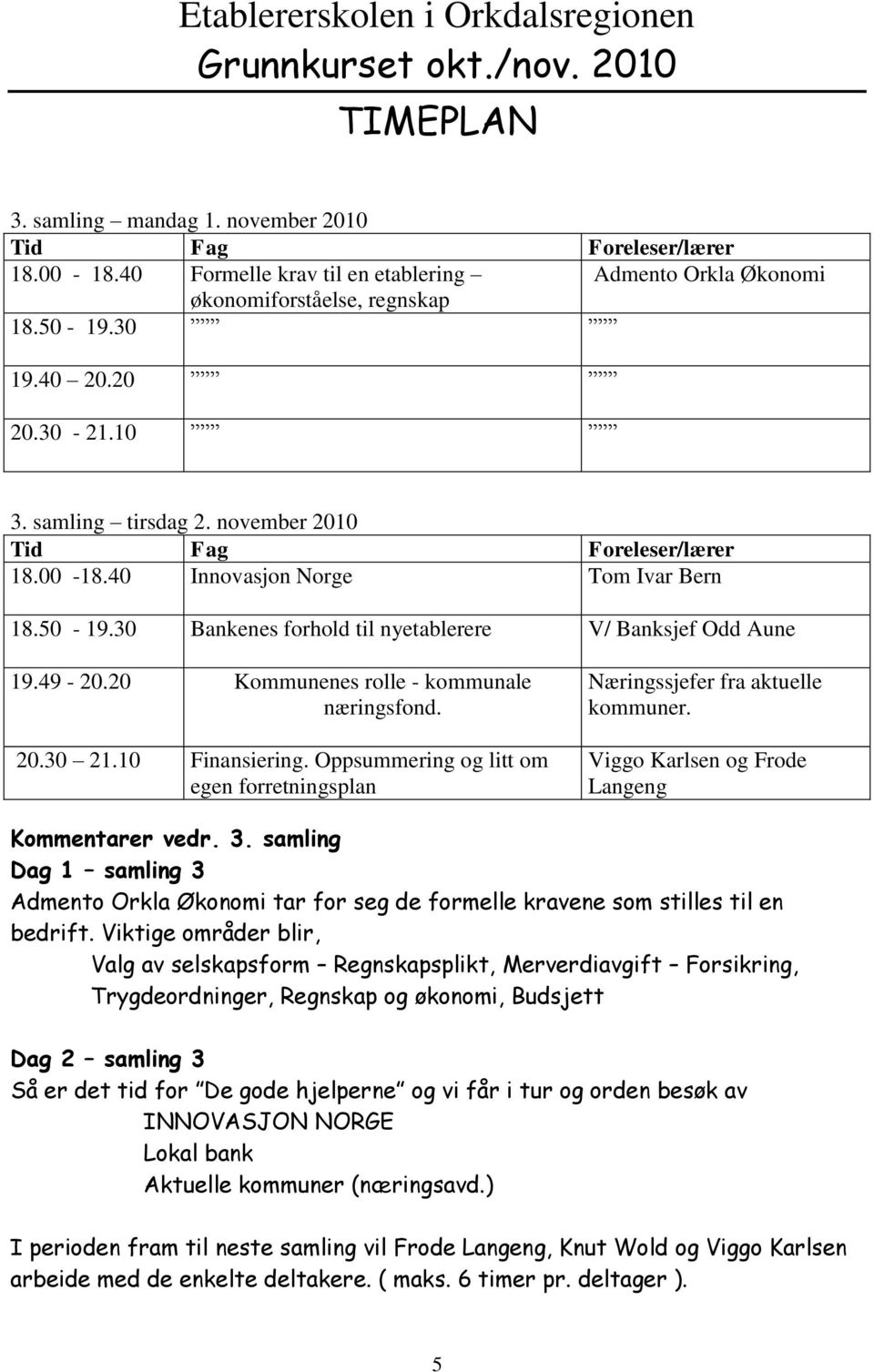 40 Innovasjon Norge Tom Ivar Bern 18.50-19.30 Bankenes forhold til nyetablerere V/ Banksjef Odd Aune 19.49-20.20 Kommunenes rolle - kommunale næringsfond. 20.30 21.10 Finansiering.