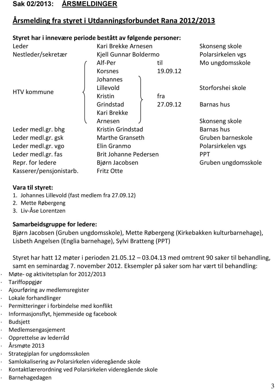 12 fra 27.09.12 Mo ungdomsskole Storforshei skole Barnas hus Skonseng skole Leder medl.gr. bhg Kristin Grindstad Barnas hus Leder medl.gr. gsk Marthe Granseth Gruben barneskole Leder medl.gr. vgo Elin Granmo Polarsirkelen vgs Leder medl.