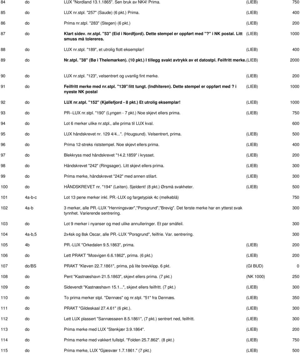 ) I tillegg svakt avtrykk av et datostpl. Feilfritt merke.(lieb) 0 90 do LUX nr.stpl. "123", velsentrert og uvanlig fint merke. (LIEB) 91 do Feilfritt merke med nr.stpl. "139"/litt tungt.