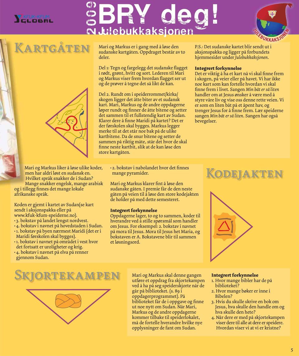 Rundt om i speiderrommet/kirka/ skogen ligger det åtte biter av et sudansk kart.