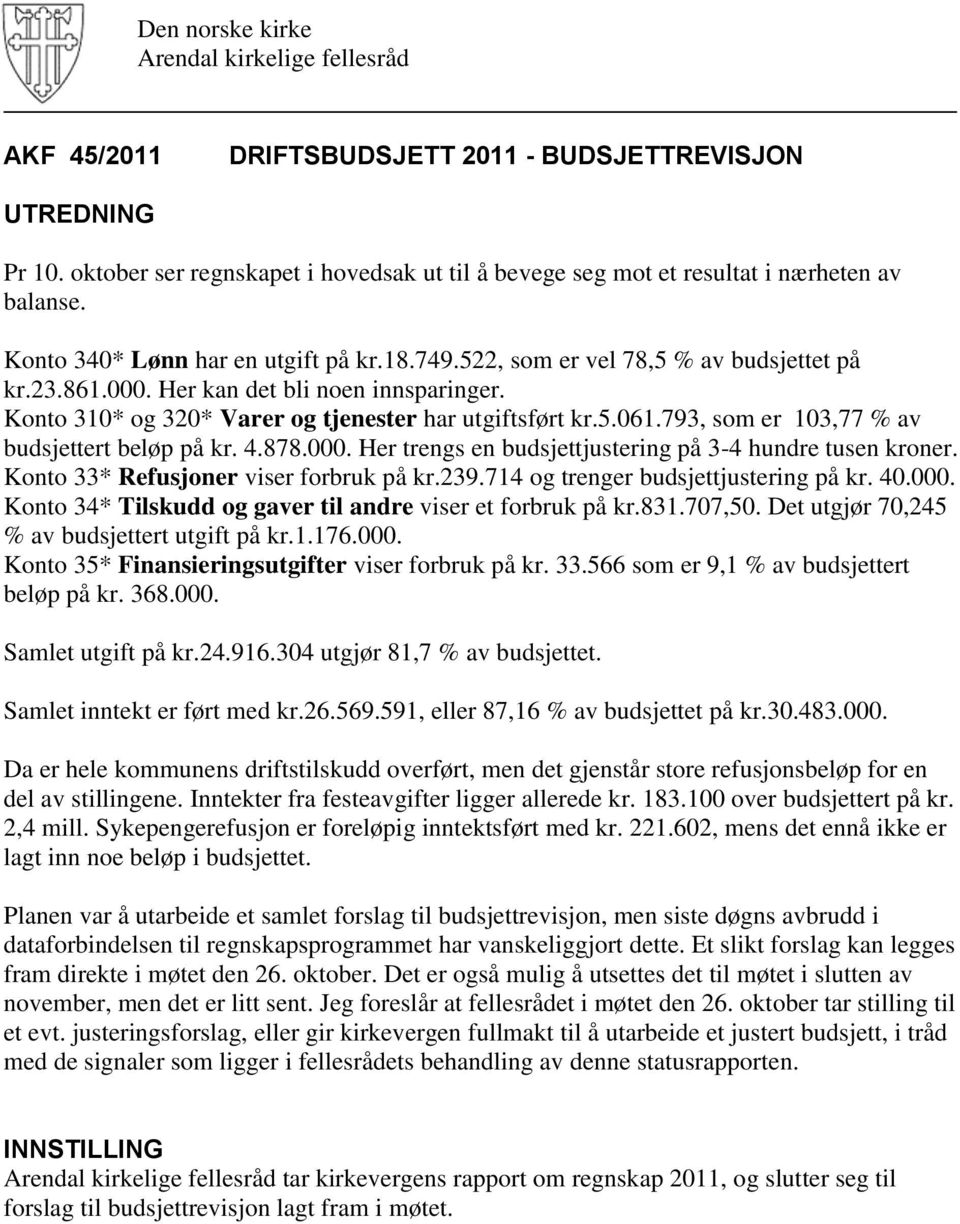 793, som er 103,77 % av budsjettert beløp på kr. 4.878.000. Her trengs en budsjettjustering på 3-4 hundre tusen kroner. Konto 33* Refusjoner viser forbruk på kr.239.