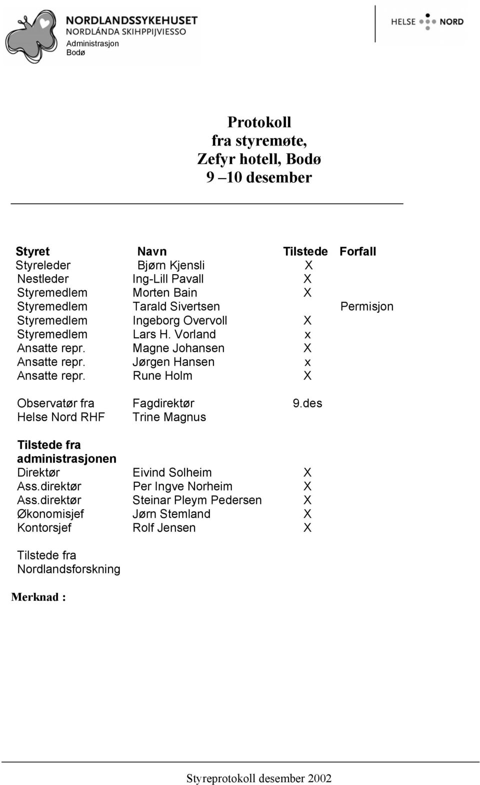 Magne Johansen X Ansatte repr. Jørgen Hansen x Ansatte repr. Rune Holm X Observatør fra Helse Nord RHF Fagdirektør Trine Magnus 9.