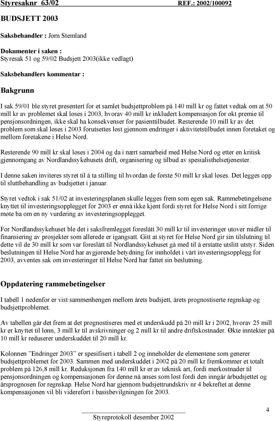 for et samlet budsjettproblem på 140 mill kr og fattet vedtak om at 50 mill kr av problemet skal løses i 2003, hvorav 40 mill kr inkludert kompensasjon for økt premie til pensjonsordningen, ikke skal