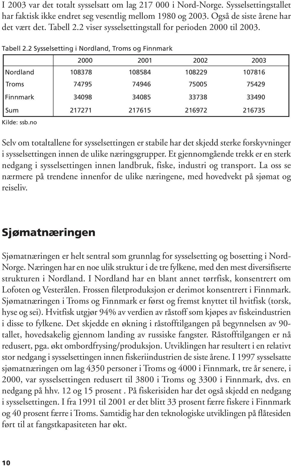 2 Sysselsetting i Nordland, Troms og Finnmark 2000 2001 2002 2003 Nordland 108378 108584 108229 107816 Troms 74795 74946 75005 75429 Finnmark 34098 34085 33738 33490 Sum 217271 217615 216972 216735