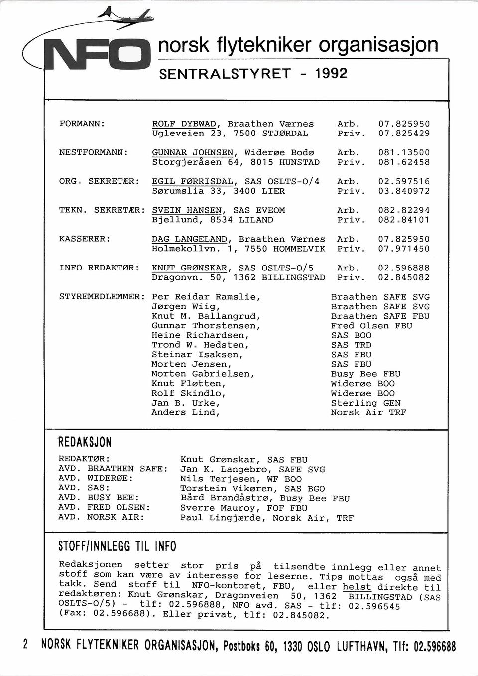 59751 6 Priv. 03.840972 Arb. 082.82294 Priv. 082.841 01 KASSERER : DAG LANGELAND, Braathen Værnes Arb. 07.825950 Holmekollvn. 1, 7550 HOMMELVIK Priv. 07.971450 INFO REDAKTBR: KNUT GRBNSKAR, SAS OSLTS-015 Arb.