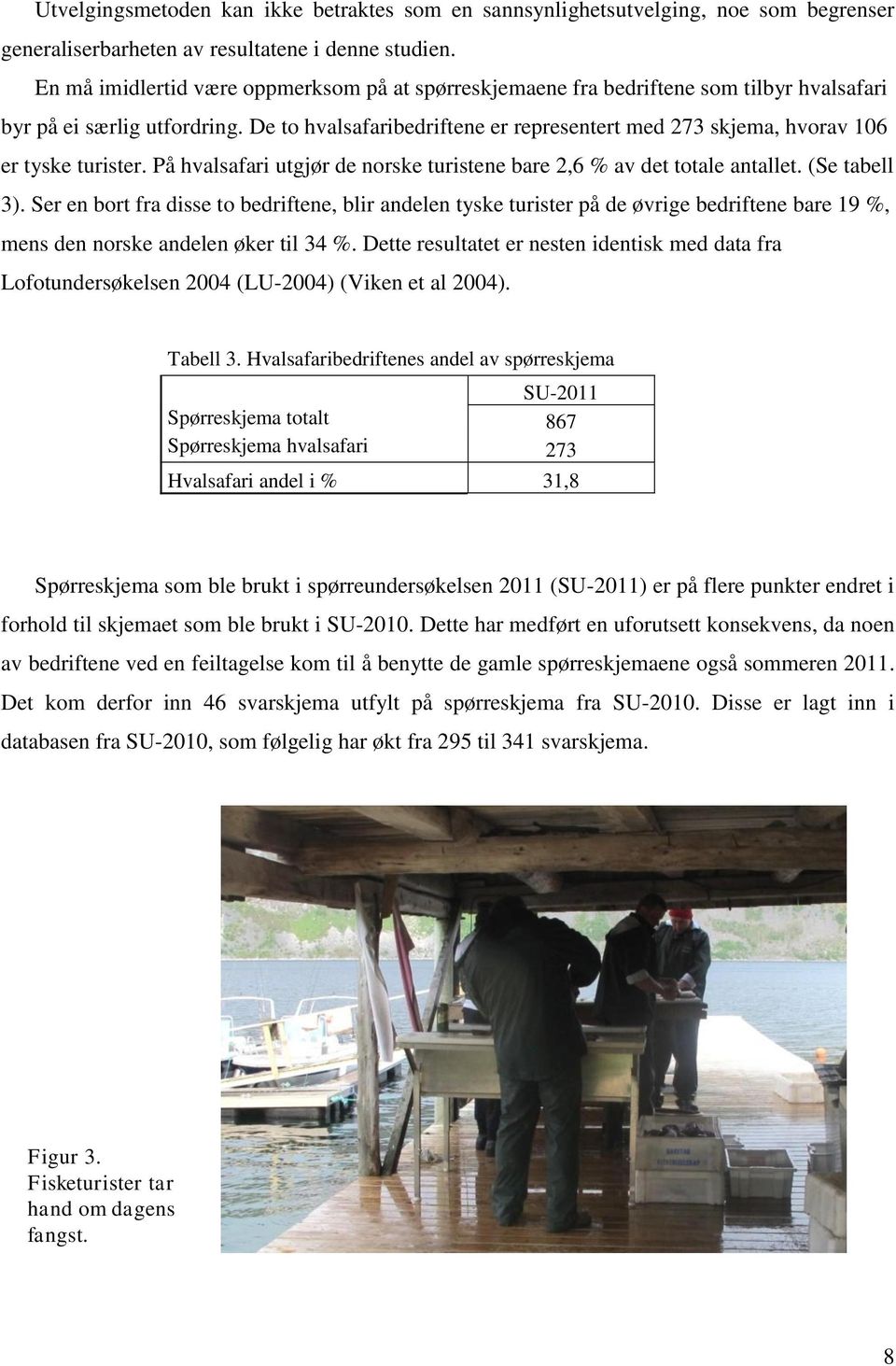 De to hvalsafaribedriftene er representert med 273 skjema, hvorav 106 er tyske turister. På hvalsafari utgjør de norske turistene bare 2,6 % av det totale antallet. (Se tabell 3).