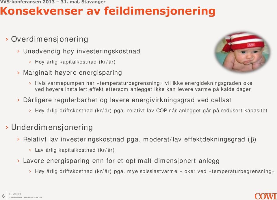 energivirkningsgrad ved dellast Høy årlig driftskostnad (kr/år) pga. relativt lav COP når anlegget går på redusert kapasitet Underdimensjonering Relativt lav investeringskostnad pga.