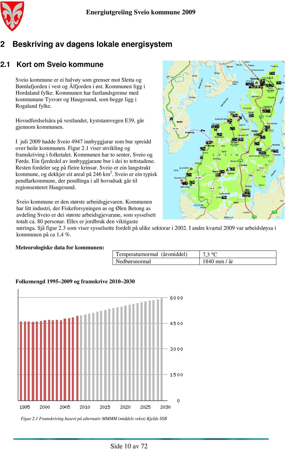 I juli 2009 hadde Sveio 4947 innbyggjarar som bur spreidd over heile kommunen. Figur 2.1 viser utvikling og framskriving i folketalet. Kommunen har to senter, Sveio og Førde.