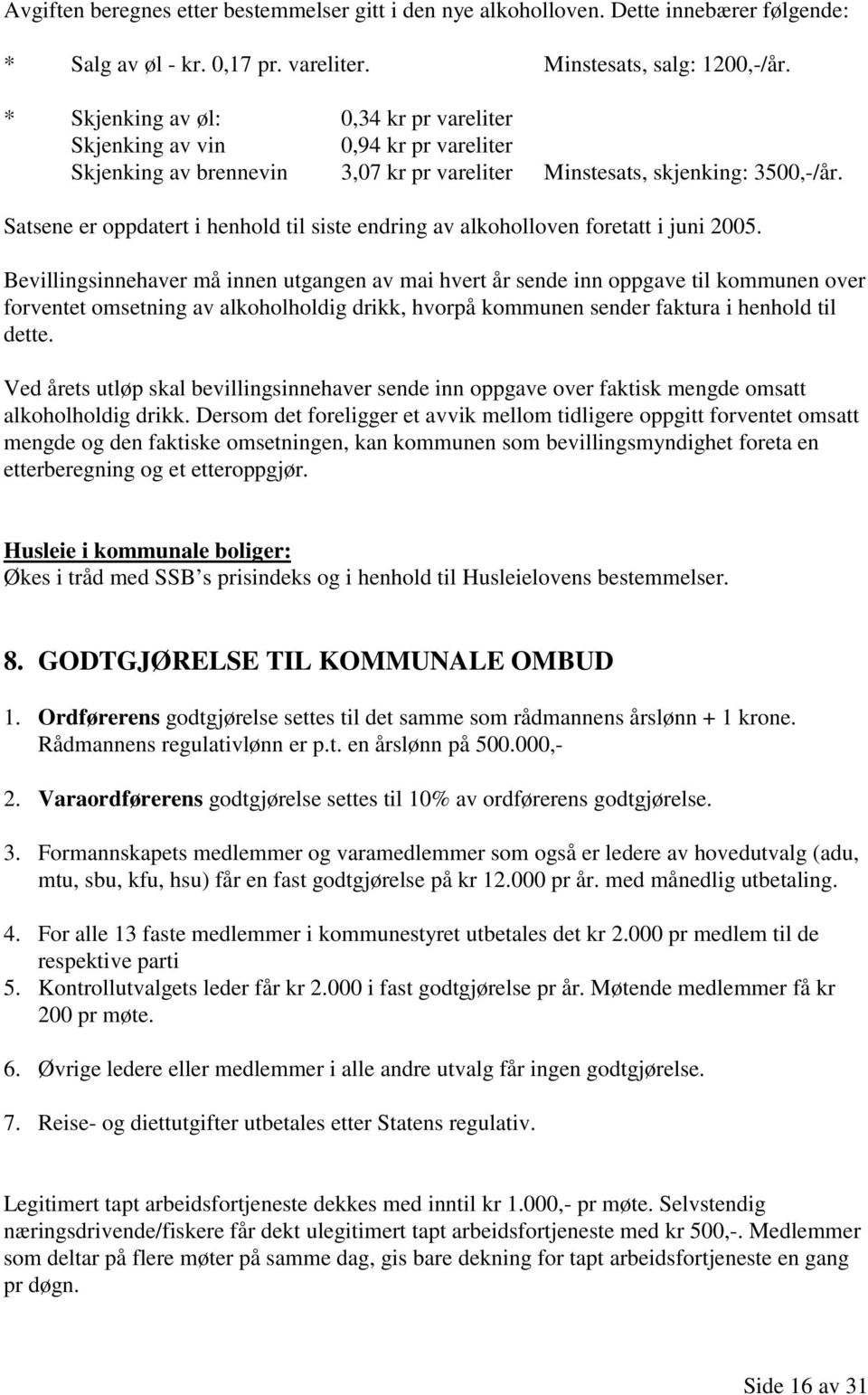 Satsene er oppdatert i henhold til siste endring av alkoholloven foretatt i juni 2005.