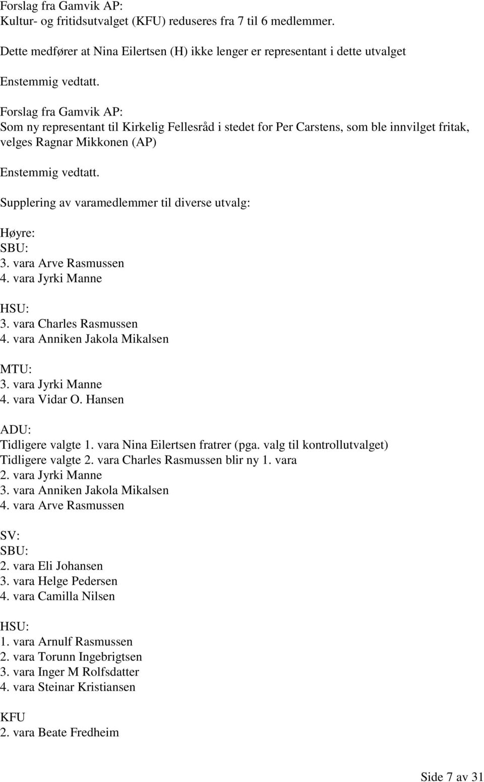 fritak, velges Ragnar Mikkonen (AP) Supplering av varamedlemmer til diverse utvalg: Høyre: SBU: 3. vara Arve Rasmussen 4. vara Jyrki Manne HSU: 3. vara Charles Rasmussen 4.