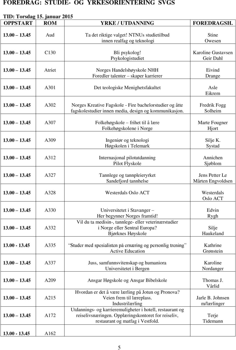 00 13.45 A309 Ingeniør og teknologi Høgskolen i Telemark 13.00 13.45 A312 Internasjonal pilotutdanning Pilot Flyskole 13.00 13.45 A327 Tannlege og tannpleieryrket Sandefjord tannhelse Marte Fougner Hjort Silje K.