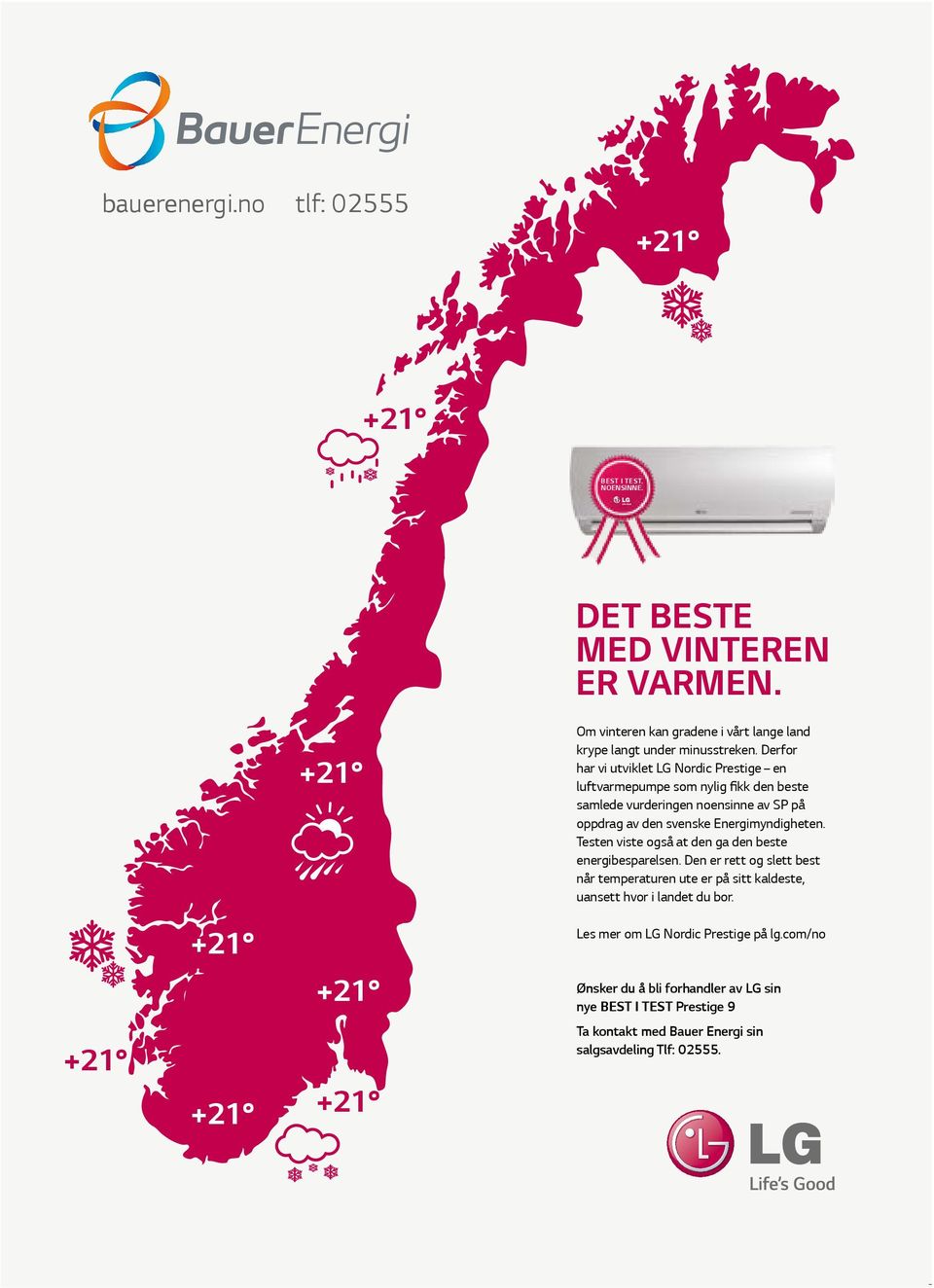 Derfor har vi utviklet LG Nordic Prestige en luftvarmepumpe som nylig fikk den beste samlede vurderingen noensinne av SP på oppdrag av den svenske Energimyndigheten.