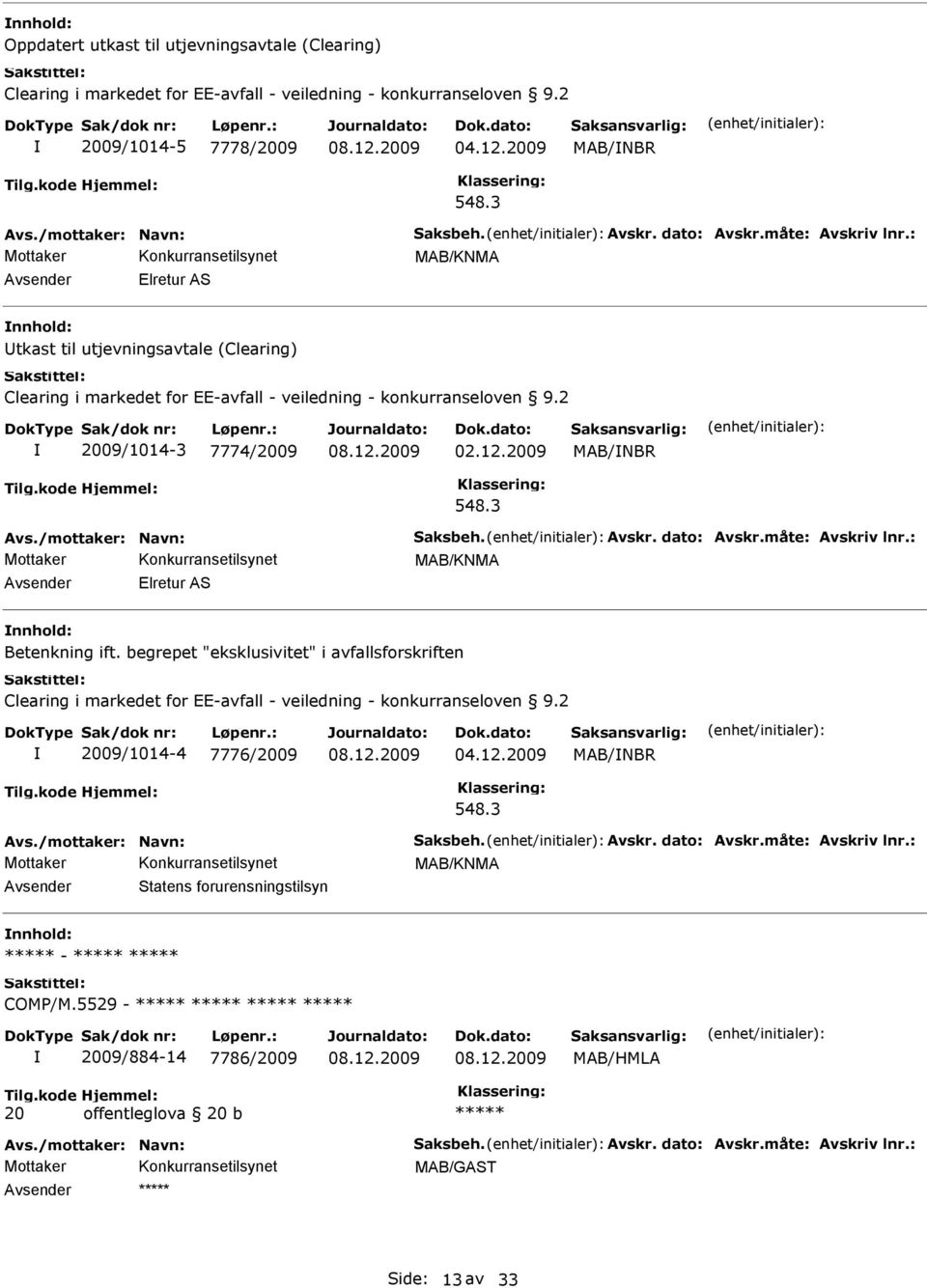 2 2009/1014-3 7774/2009 02.12.2009 MAB/NBR 548.3 Avs./mottaker: Navn: Saksbeh. Avskr. dato: Avskr.måte: Avskriv lnr.: MAB/KNMA Avsender Elretur AS Betenkning ift.