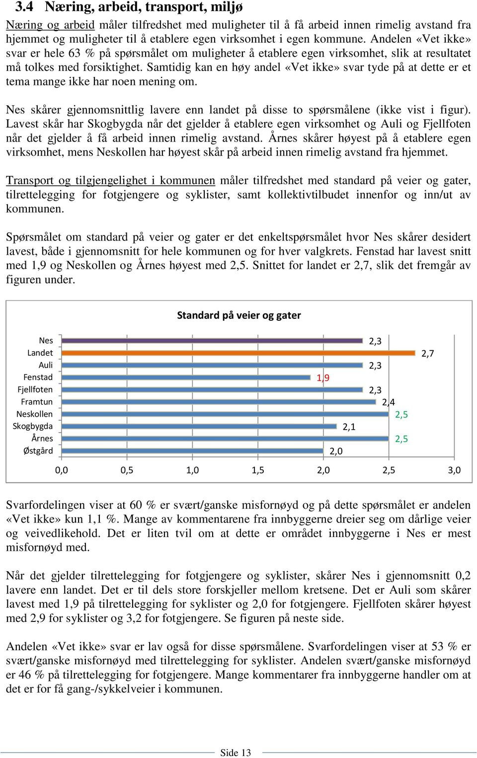 Samtidig kan en høy andel «Vet ikke» svar tyde på at dette er et tema mange ikke har noen mening om. Nes skårer gjennomsnittlig lavere enn landet på disse to spørsmålene (ikke vist i figur).