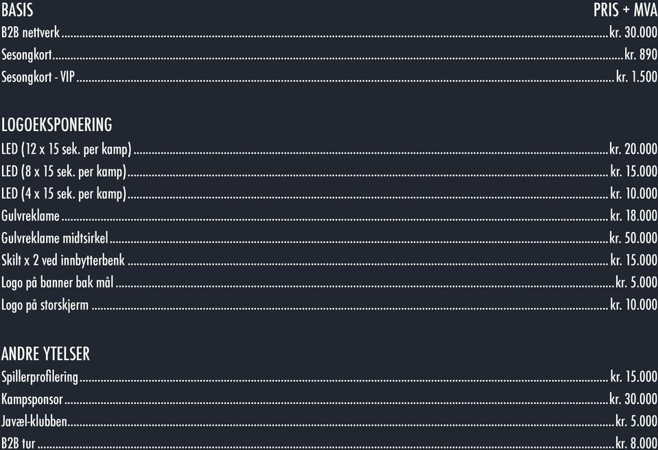 000 Gulvreklame midtsirkel...kr. 50.000 Skilt x 2 ved innbytterbenk... kr. 15.000 Logo på banner bak mål...kr. 5.000 Logo på storskjerm.