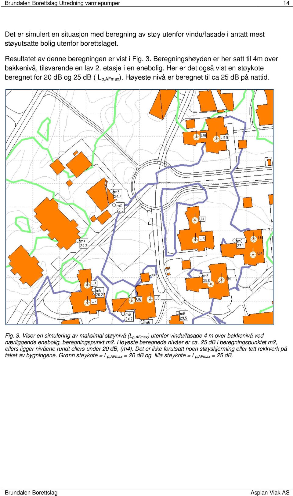 Høyeste nivå er beregnet til ca 25 db på nattid. Fig. 3. Viser en simulering av maksimal støynivå (L p,afmax ) utenfor vindu/fasade 4 m over bakkenivå ved nærliggende enebolig, beregningspunkt m2.