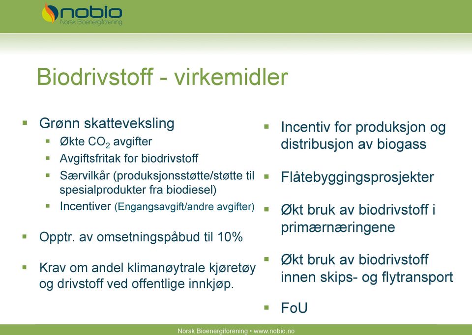 av omsetningspåbud til 10% Incentiv for produksjon og distribusjon av biogass Flåtebyggingsprosjekter Økt bruk av