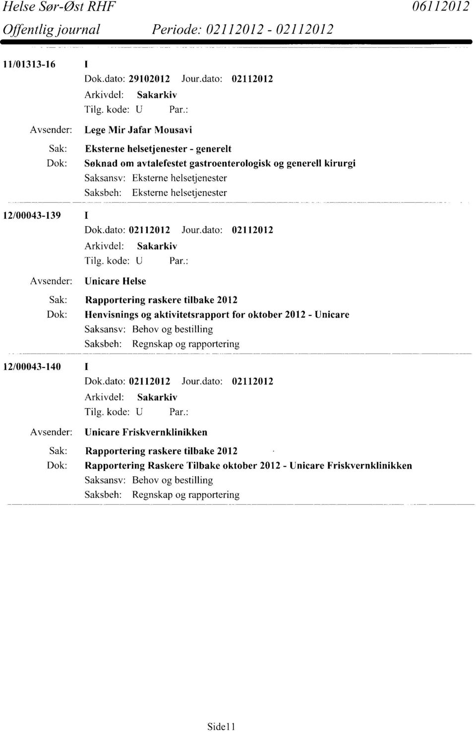 12/00043-139 I Unicare Helse Sak: Rapportering raskere tilbake 2012 Dok: Henvisnings og aktivitetsrapport for oktober 2012 - Unicare Saksansv: Behov og