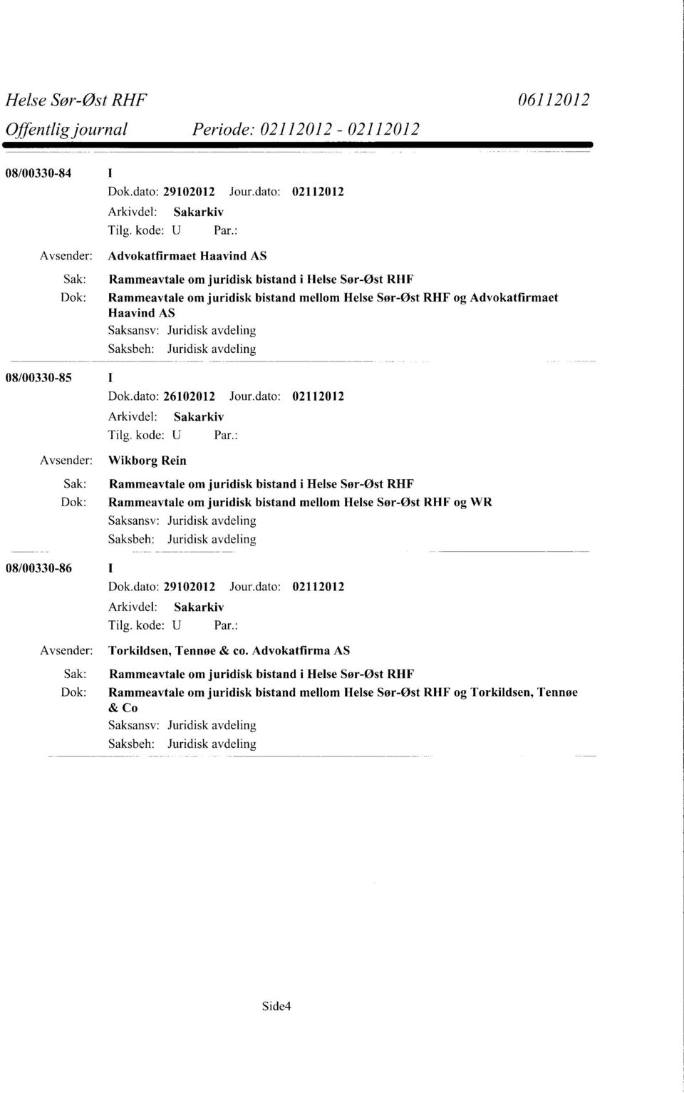 RHF og Advokatfirmaet Haavind AS Saksansv: Juridisk avdeling Saksbeh: Juridisk avdeling Dok.dato: 26102012 Jour.