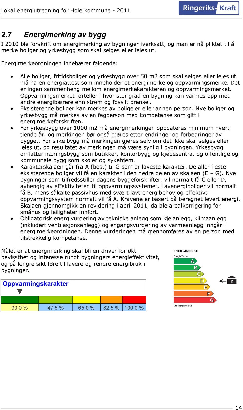 Det er ingen sammenheng mellom energimerkekarakteren og oppvarmingsmerket. Oppvarmingsmerket forteller i hvor stor grad en bygning kan varmes opp med andre energibærere enn strøm og fossilt brensel.