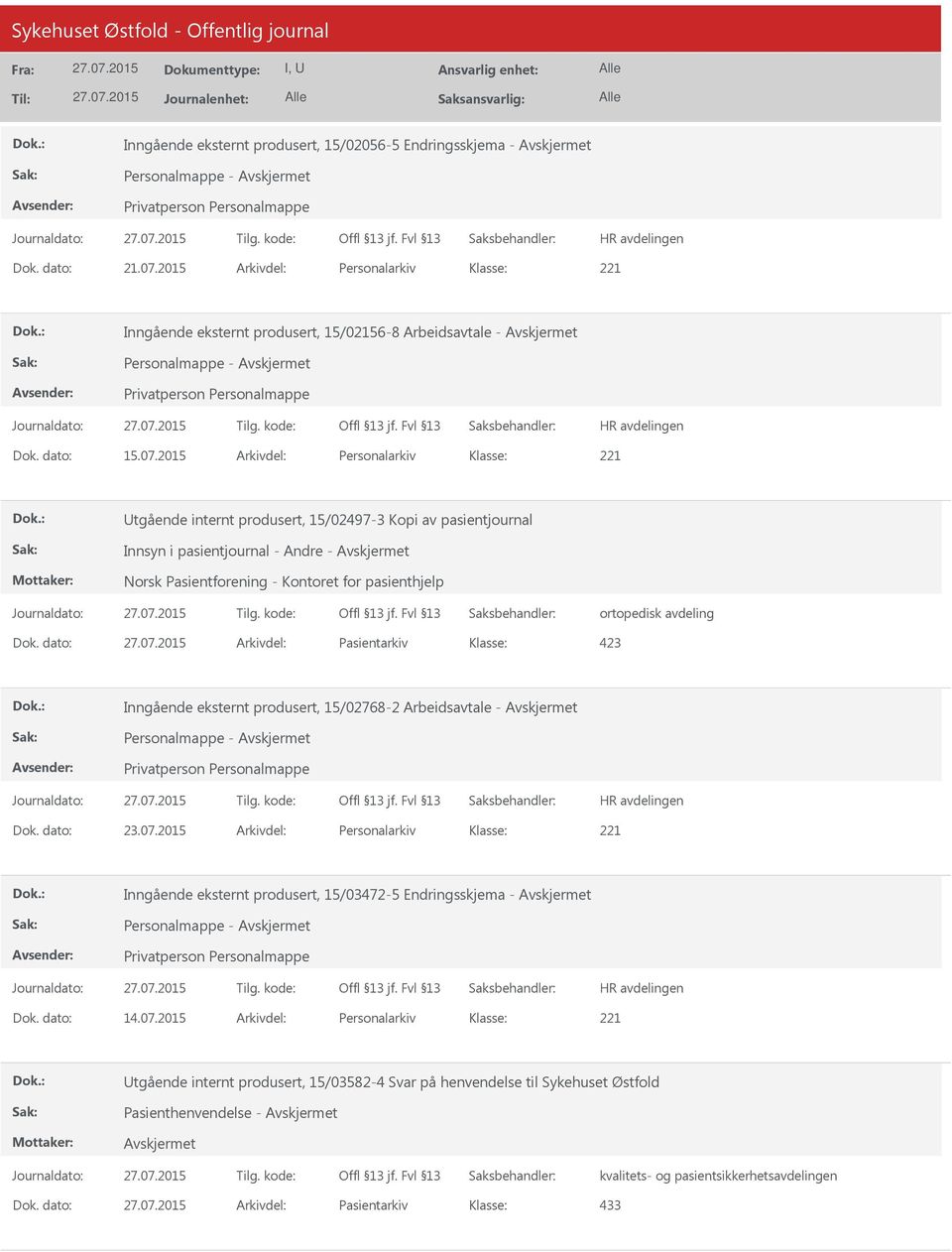 2015 Arkivdel: Personalarkiv tgående internt produsert, 15/02497-3 Kopi av pasientjournal Innsyn i pasientjournal - Andre - Norsk Pasientforening - Kontoret for pasienthjelp ortopedisk