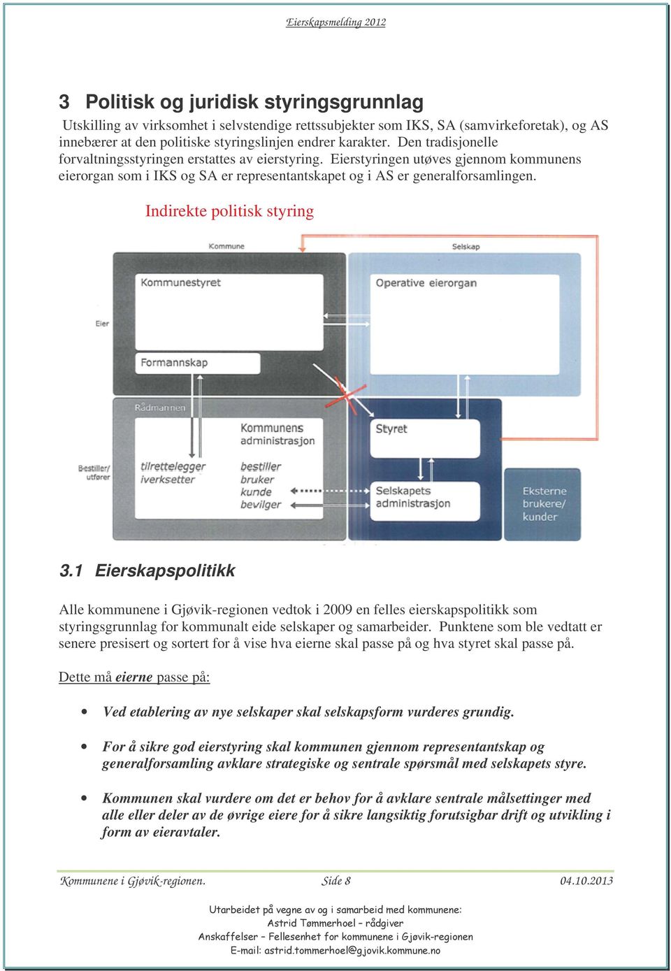 Indirekte politisk styring 3.1 Eierskapspolitikk Alle kommunene i Gjøvikregionen vedtok i 2009 en felles eierskapspolitikk som styringsgrunnlag for kommunalt eide selskaper og samarbeider.