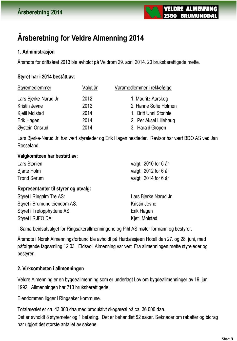 Britt Unni Storihle Erik Hagen 2014 2. Per Aksel Lillehaug Øystein Onsrud 2014 3. Harald Gropen Lars Bjerke-Narud Jr. har vært styreleder og Erik Hagen nestleder.