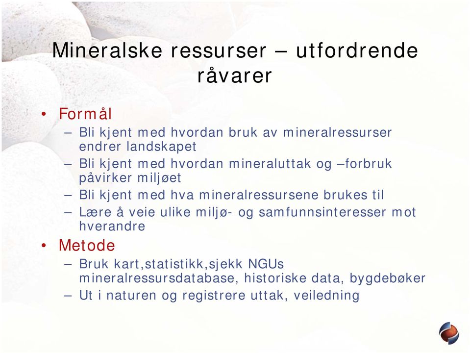 mineralressursene brukes til Lære å veie ulike miljø- og samfunnsinteresser mot hverandre Metode Bruk