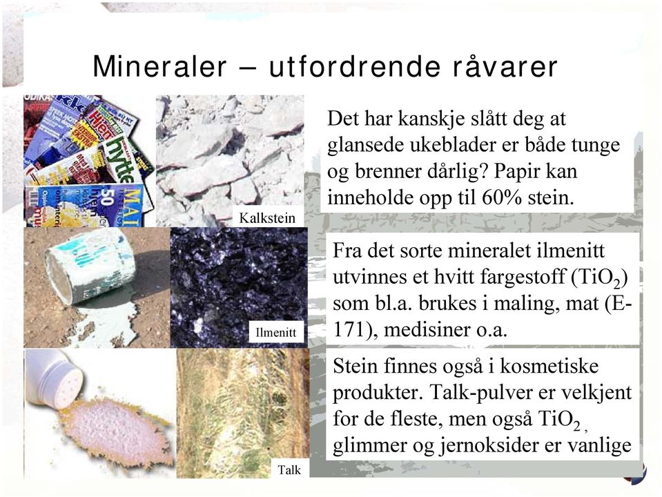 Fra det sorte mineralet ilmenitt utvinnes et hvitt fargestoff (TiO 2 ) som bl.a. brukes i maling, mat (E- 171), medisiner o.