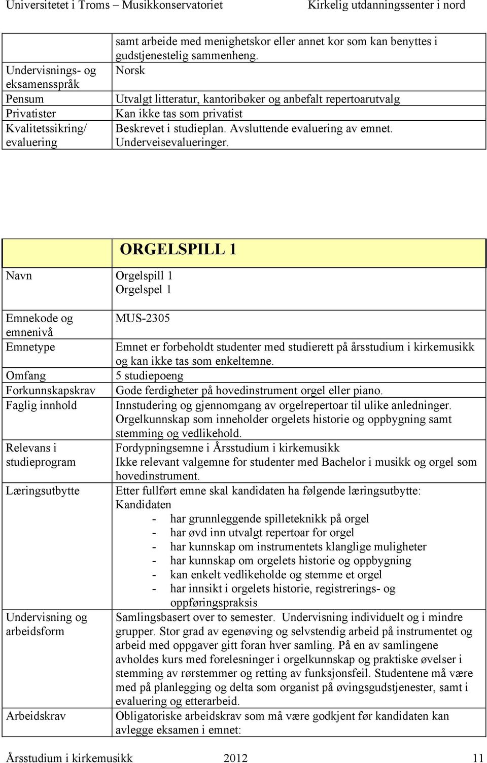 Navn Orgelspill 1 Orgelspel 1 ORGELSPILL 1 MUS-2305 Emnet er forbeholdt studenter med studierett på årsstudium i kirkemusikk og kan ikke tas som enkeltemne.