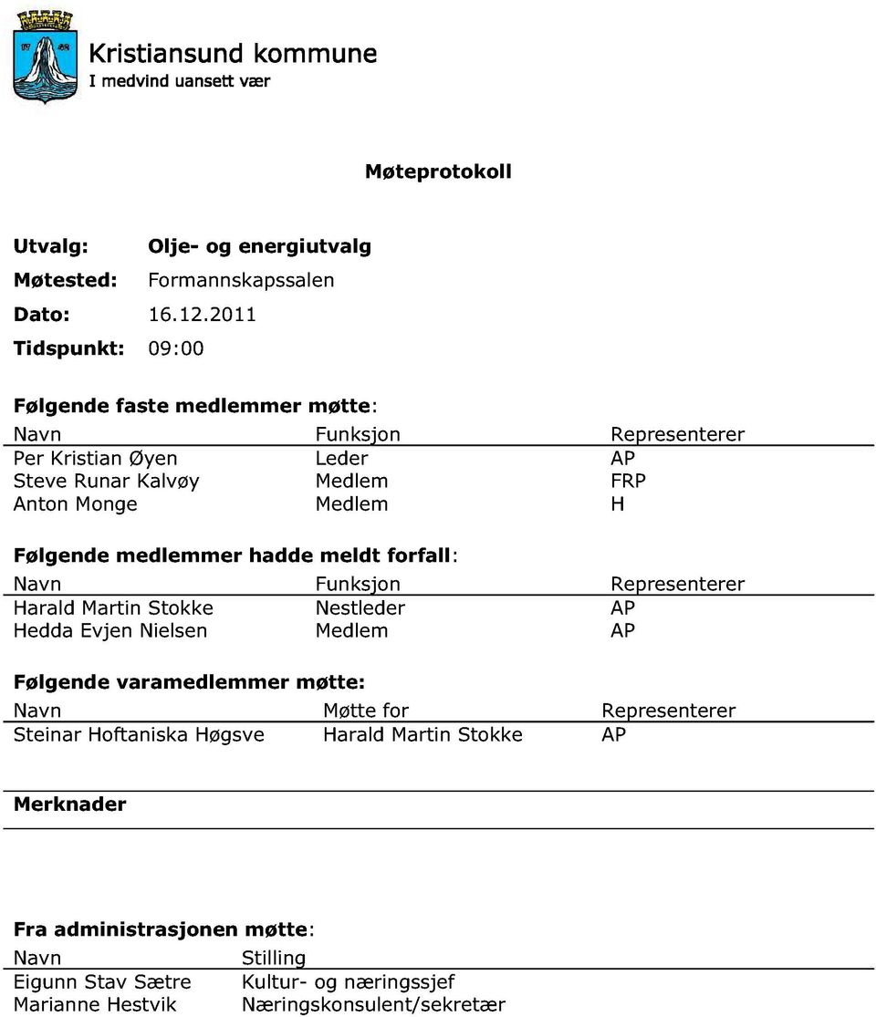 Medle m H Følgende medlemmer hadde meldt forfall : Navn Funksjon Representerer Harald Martin Stokke Nestleder AP Hedda Evjen Nielsen Medlem AP Følgende