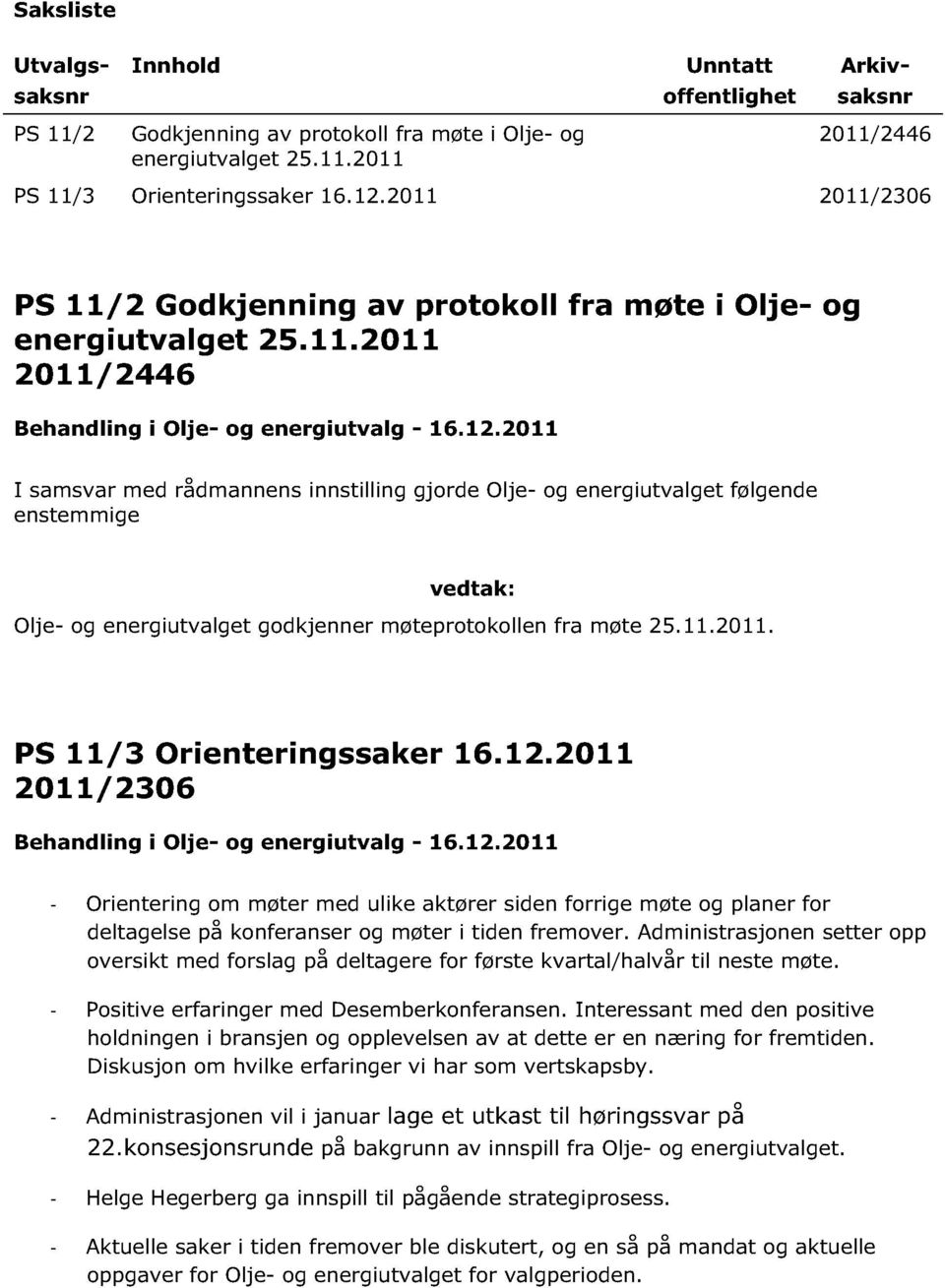 2011 I sams var med rådmannens innstilling gjorde Olje - og energiutvalget følgende enstemmige vedtak : Olje - og energiutvalget godkjenner møteprotokollen fra møte 25.11.2011. PS 11/3 Orienteringssaker 16.