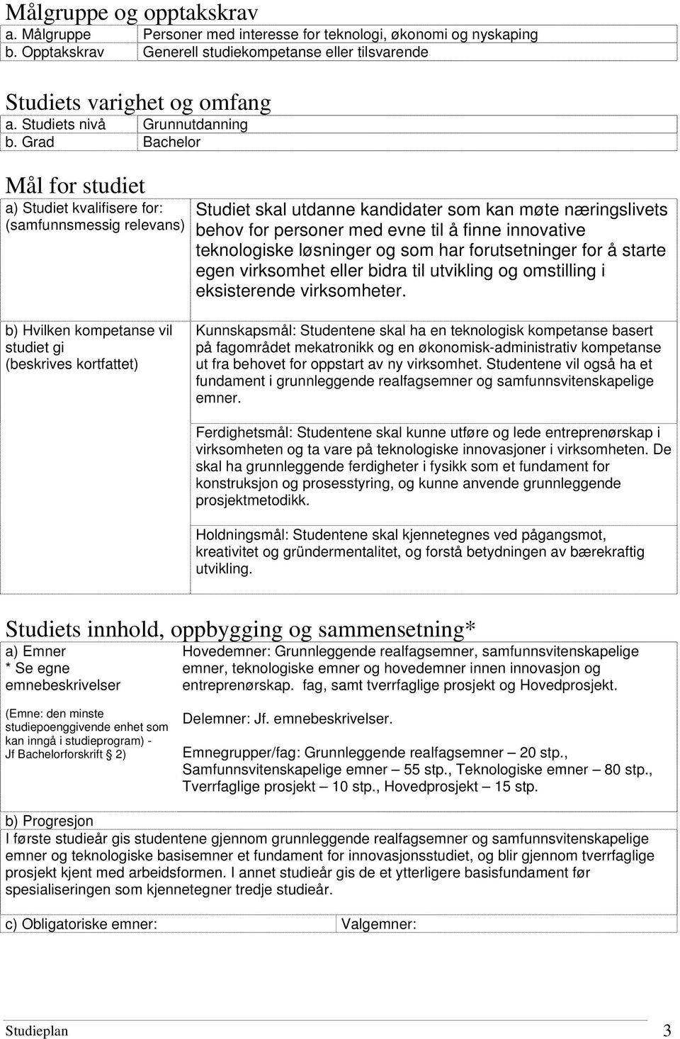 Grad Bachelor Mål for studiet a) Studiet kvalifisere for: (samfunnsmessig relevans) Studiet skal utdanne kandidater som kan møte næringslivets behov for personer med evne til å finne innovative