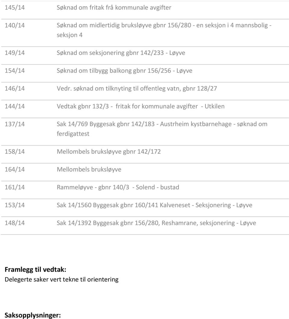 søknad om tilknyting til offentleg vatn, gbnr 128/27 144/14 Vedtak gbnr 132/3 - fritak for kommunale avgifter - Utkilen 137/14 Sak 14/769 Byggesak gbnr 142/183 - Austrheim kystbarnehage - søknad om