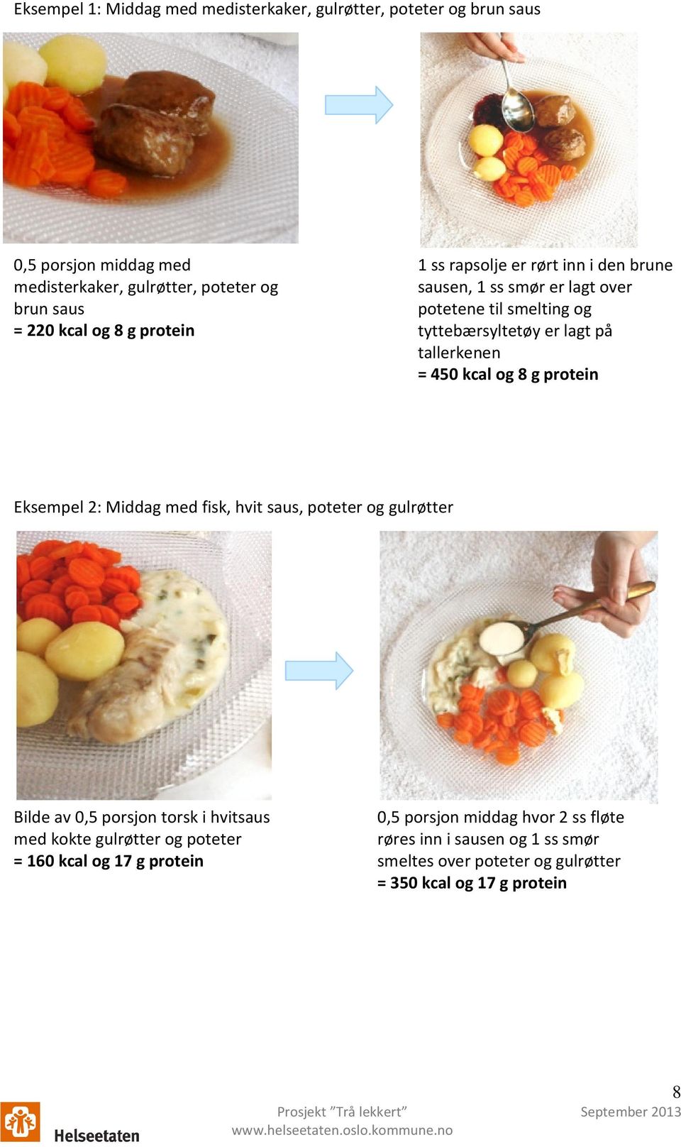 450 kcal og 8 g protein Eksempel 2: Middag med fisk, hvit saus, poteter og gulrøtter Bilde av 0,5 porsjon torsk i hvitsaus med kokte gulrøtter og