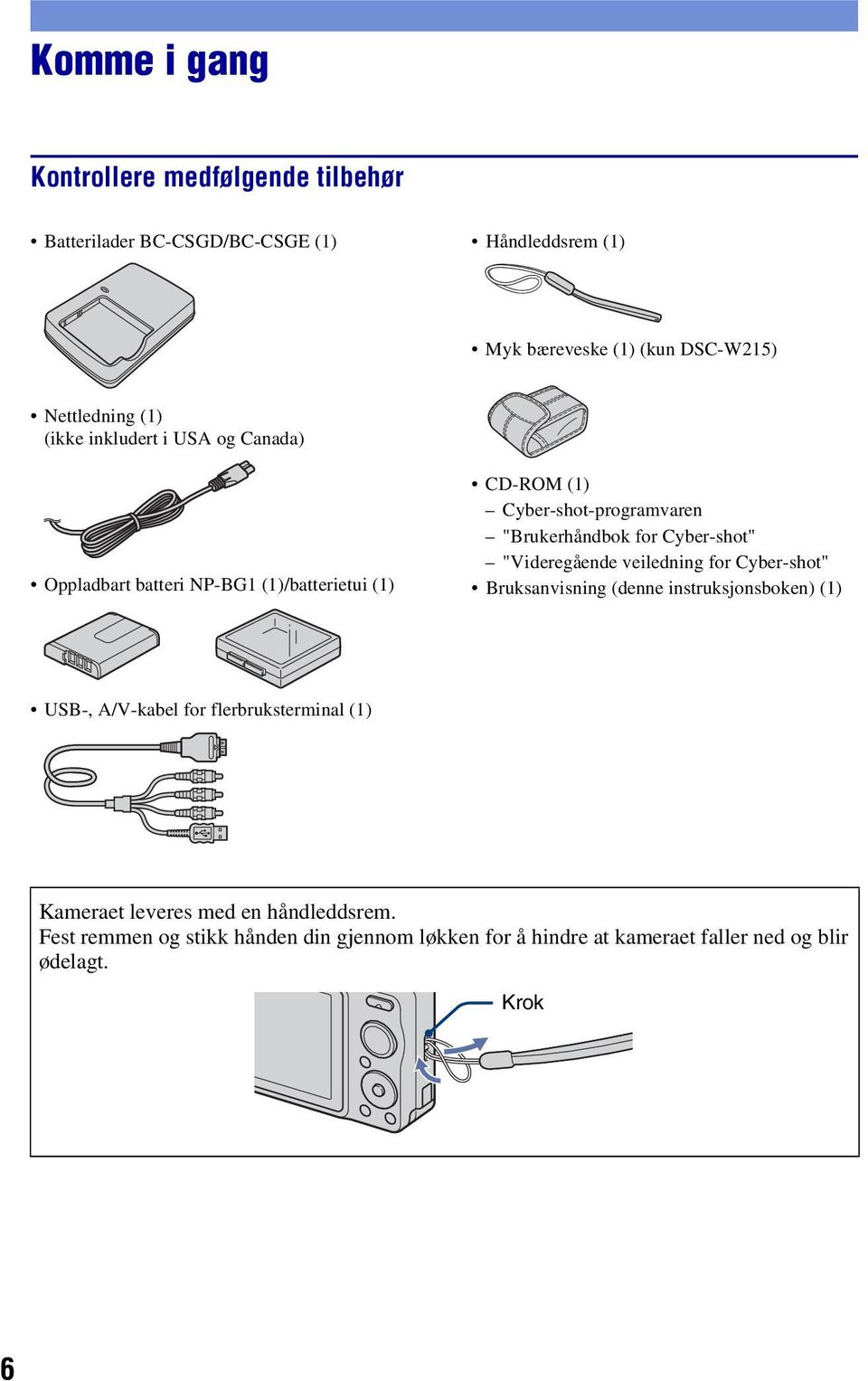 Cyber-shot" "Videregående veiledning for Cyber-shot" Bruksanvisning (denne instruksjonsboken) (1) USB-, A/V-kabel for flerbruksterminal (1)