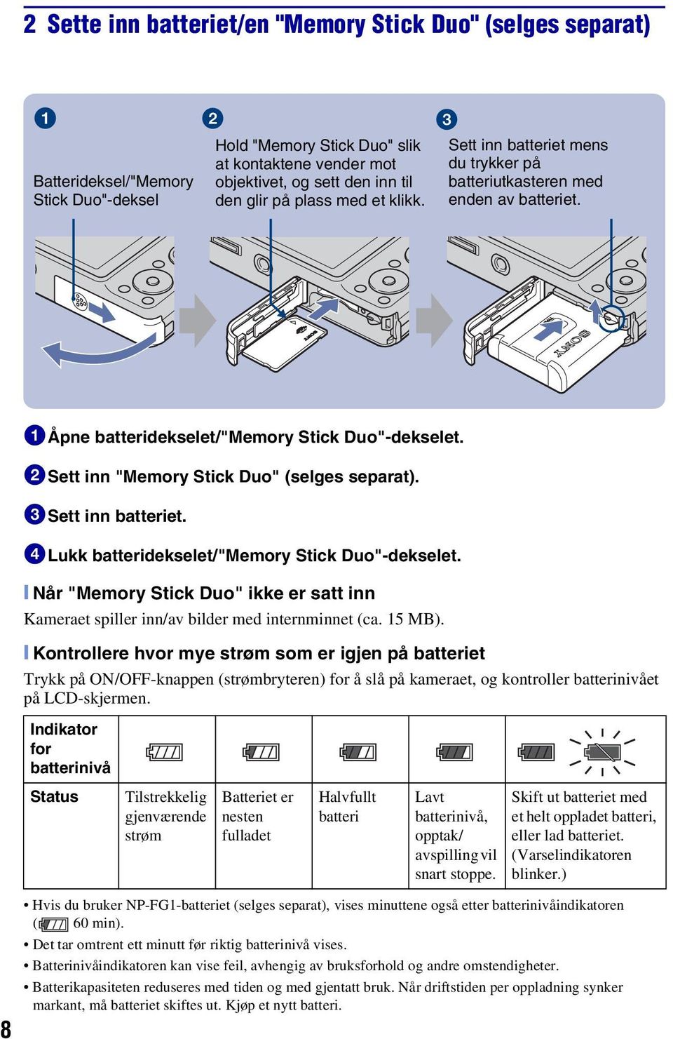 3Sett inn batteriet. 4Lukk batteridekselet/"memory Stick Duo"-dekselet. [ Når "Memory Stick Duo" ikke er satt inn Kameraet spiller inn/av bilder med internminnet (ca. 15 MB).