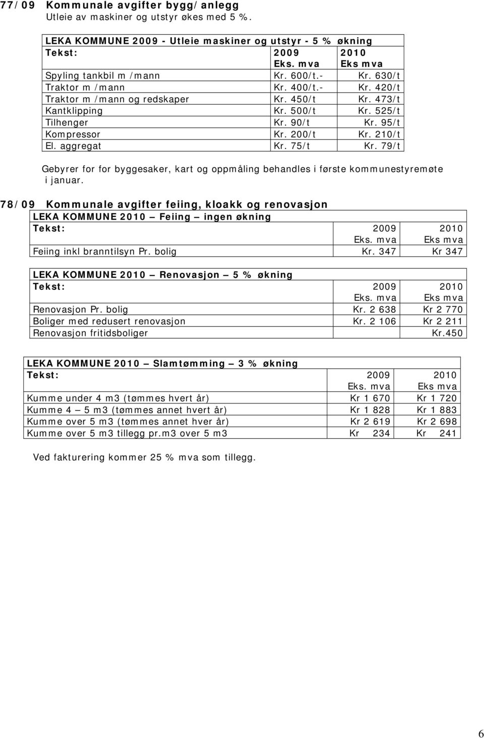 aggregat Kr. 75/t Kr. 79/t Gebyrer for for byggesaker, kart og oppmåling behandles i første kommunestyremøte i januar.