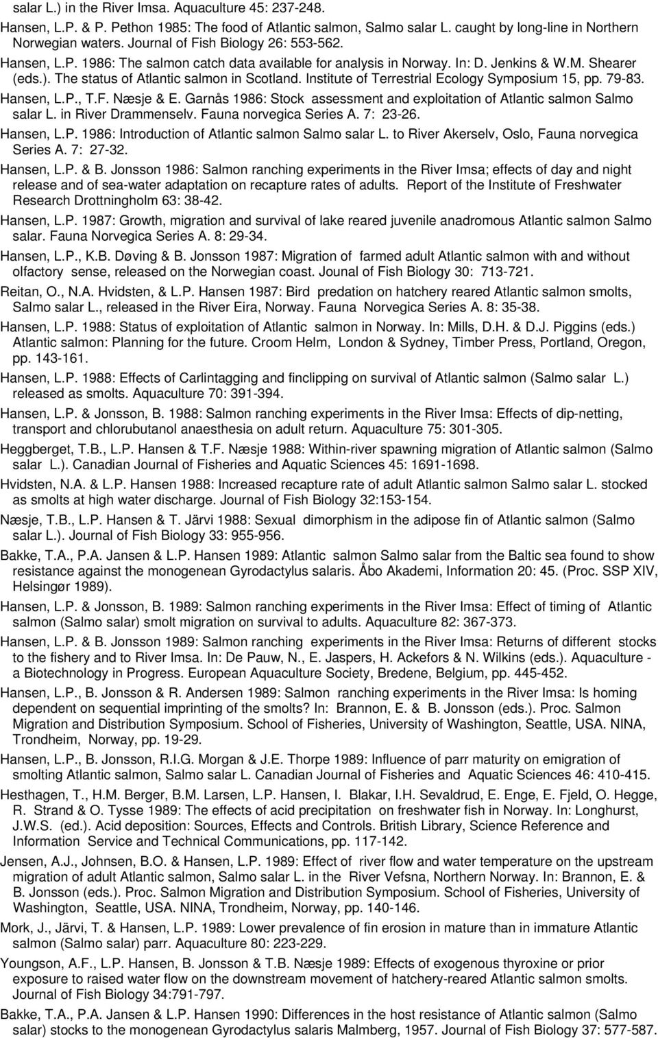 Institute of Terrestrial Ecology Symposium 15, pp. 79-83. Hansen, L.P., T.F. Næsje & E. Garnås 1986: Stock assessment and exploitation of Atlantic salmon Salmo salar L. in River Drammenselv.