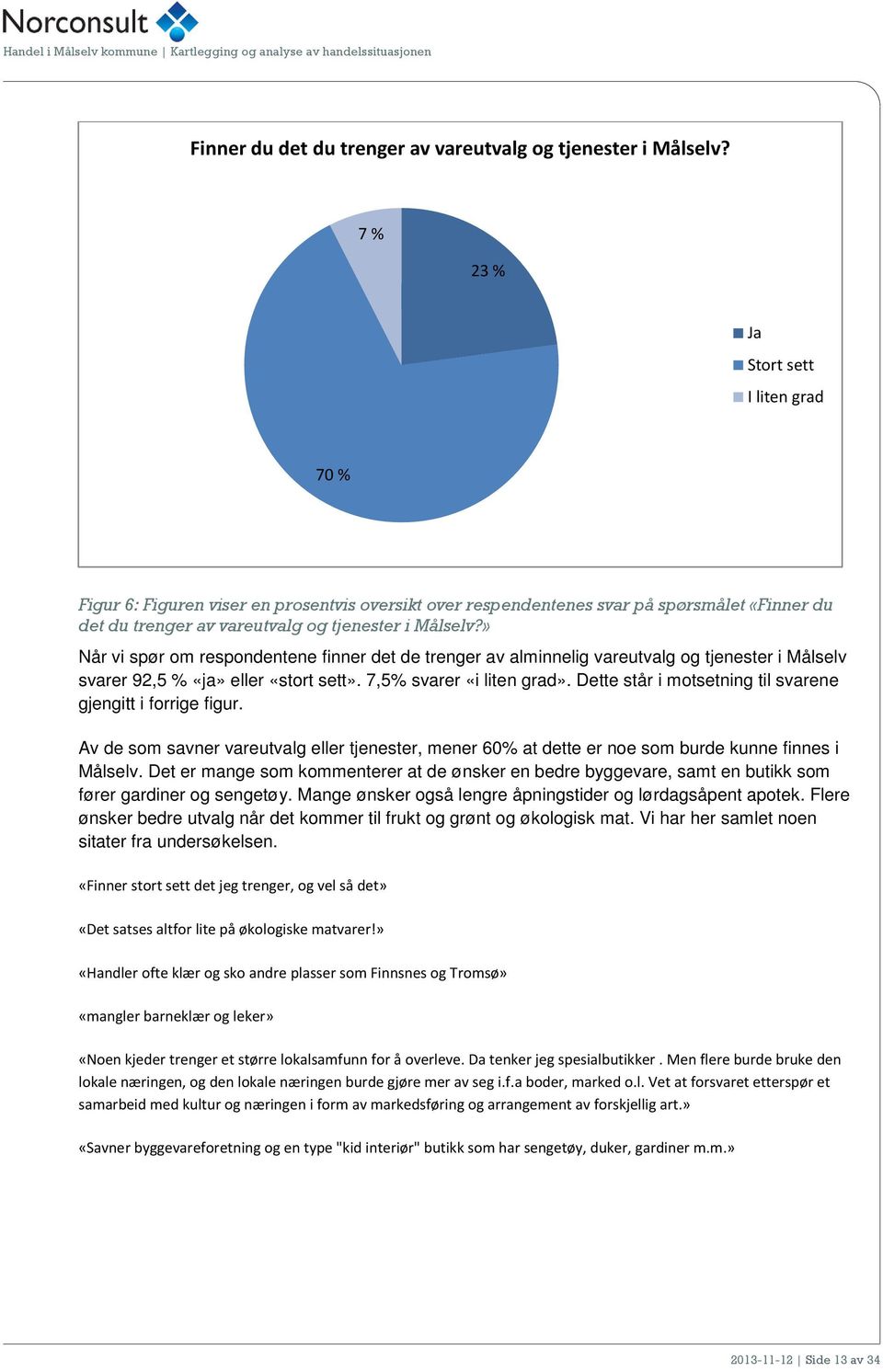 vareutvalg og tjenester i Målselv svarer 92,5 % «ja» eller «stort sett». 7,5% svarer «i liten grad». Dette står i motsetning til svarene gjengitt i forrige figur.