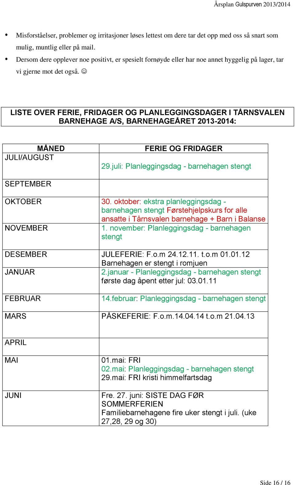 LISTE OVER FERIE, FRIDAGER OG PLANLEGGINGSDAGER I TÅRNSVALEN BARNEHAGE A/S, BARNEHAGEÅRET 2013-2014: MÅNED JULI/AUGUST FERIE OG FRIDAGER 29.