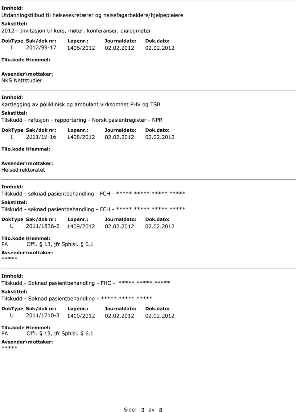 Norsk pasientregister - NPR 2011/19-16 1408/2012 Helsedirektoratet Tilskudd - søknad pasientbehandling - FCH - Tilskudd - søknad