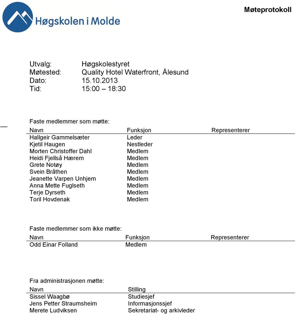 Heidi Fjellså Hærem Medlem Grete Notøy Medlem Svein Bråthen Medlem Jeanette Varpen Unhjem Medlem Anna Mette Fuglseth Medlem Terje Dyrseth Medlem Toril Hovdenak