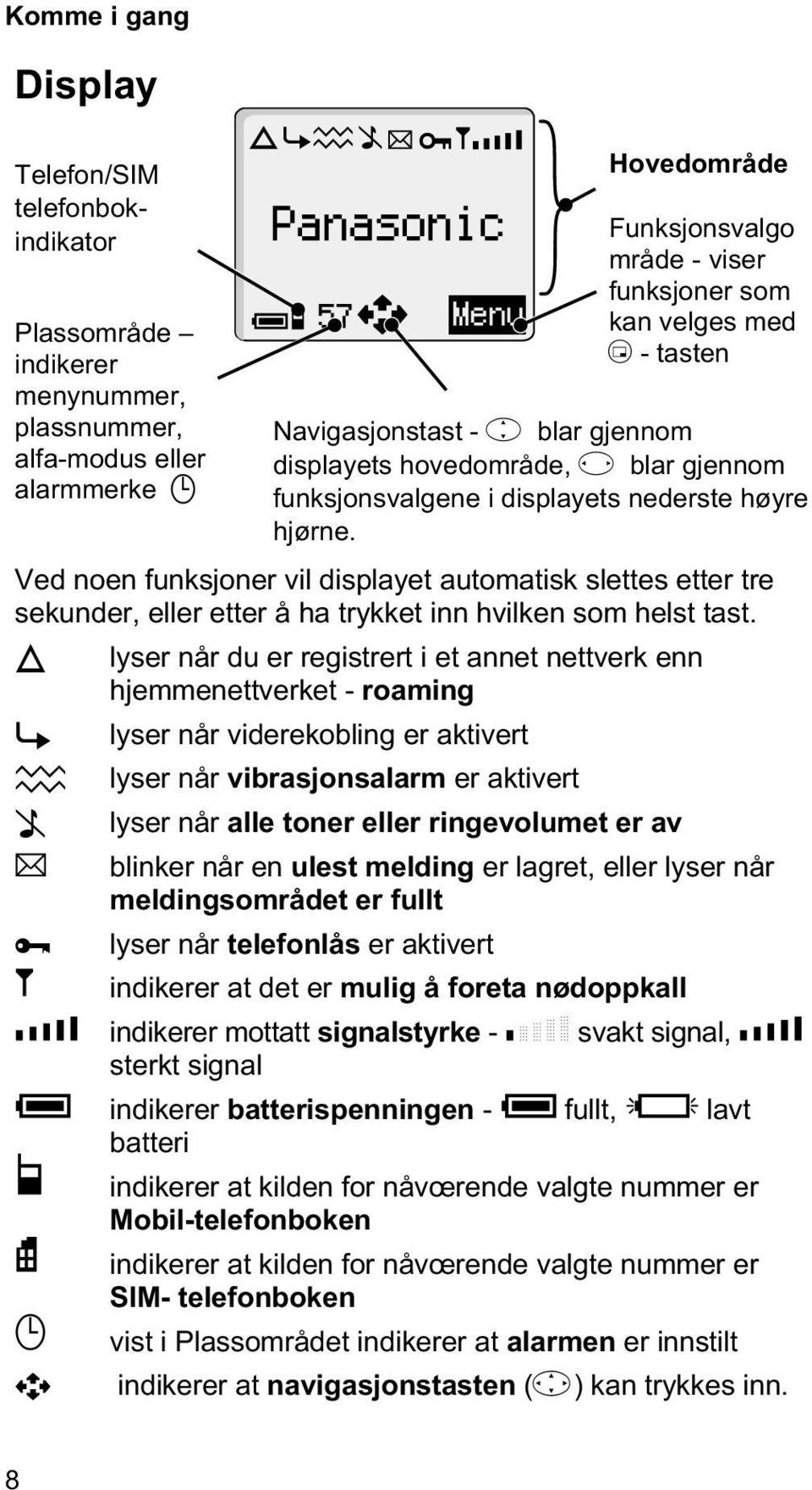 displayets nederste høyre hjørne. Ved noen funksjoner vil displayet automatisk slettes etter tre sekunder, eller etter å ha trykket inn hvilken som helst tast.