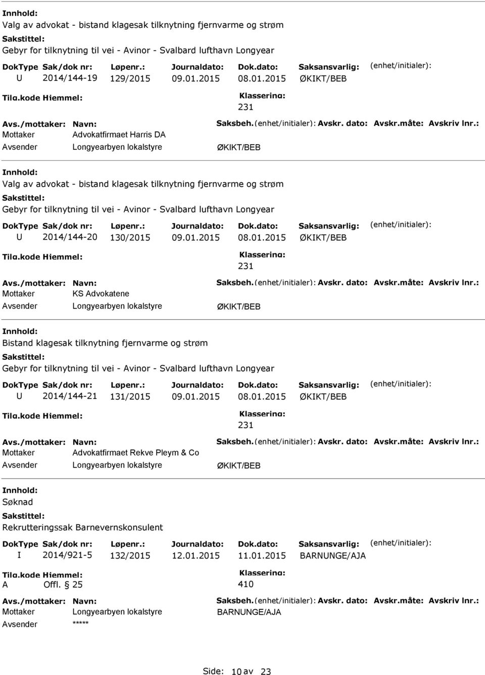 130/2015 ØKKT/B 231 Mottaker KS Advokatene ØKKT/B Bistand klagesak tilknytning fjernvarme og strøm Gebyr for tilknytning til vei - Avinor - Svalbard lufthavn Longyear 2014/144-21