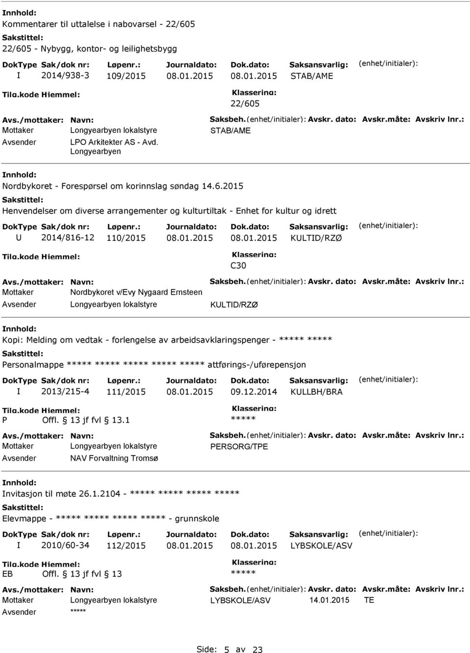 2015 Henvendelser om diverse arrangementer og kulturtiltak - Enhet for kultur og idrett 2014/816-12 110/2015 KLTD/RZØ C30 Mottaker Nordbykoret v/evy Nygaard Ernsteen