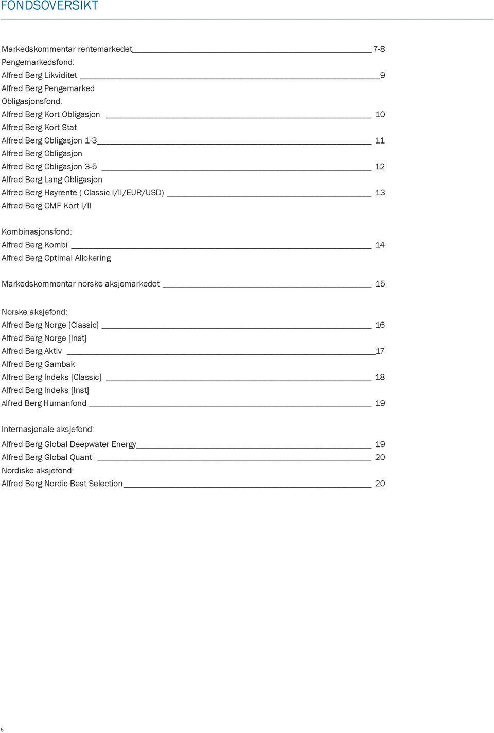 Berg Kombi 14 Alfred Berg Optimal Allokering Markedskommentar norske aksjemarkedet 15 Norske aksjefond: Alfred Berg Norge [Classic] 16 Alfred Berg Norge [Inst] Alfred Berg Aktiv 17 Alfred Berg Gambak