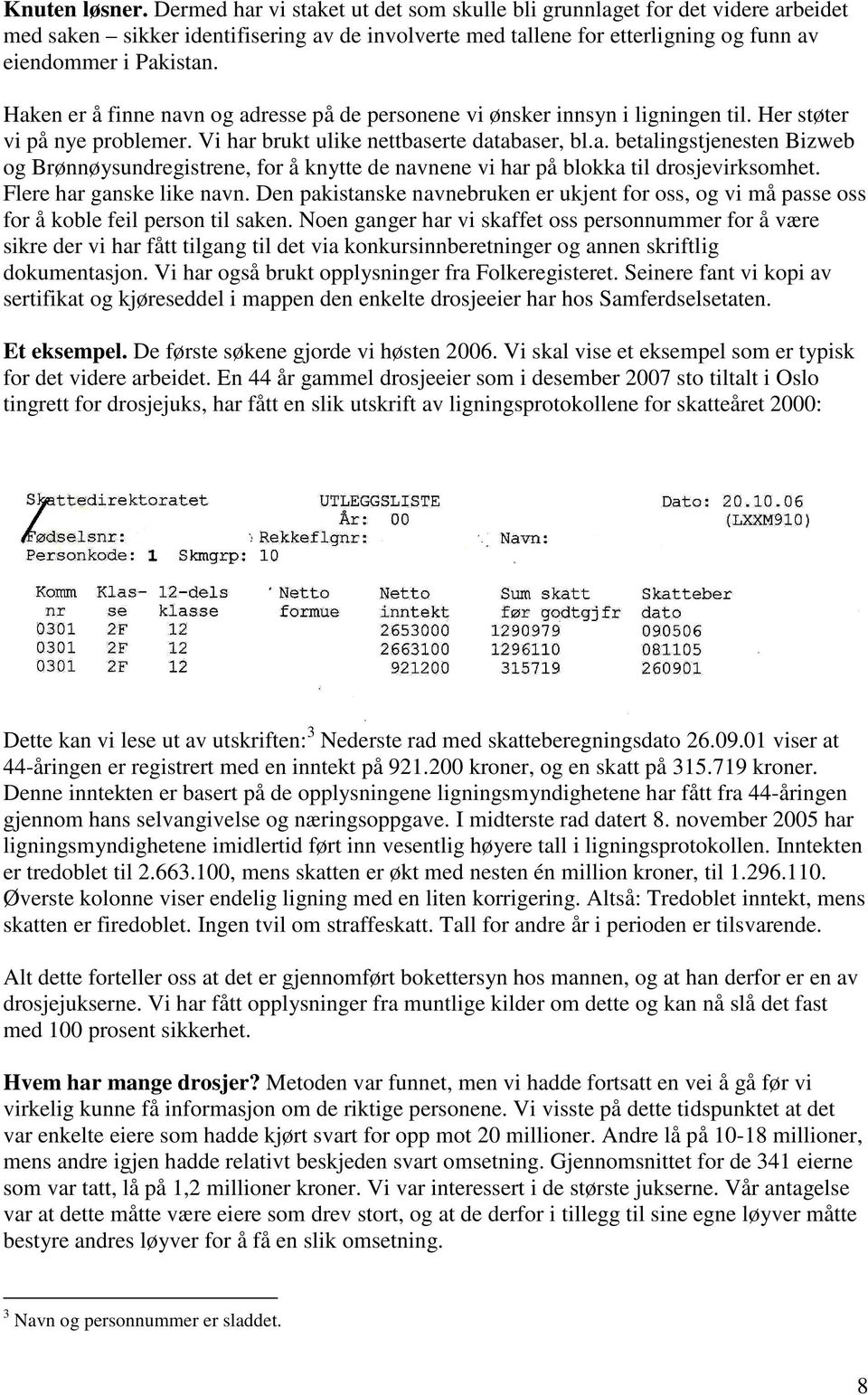 Haken er å finne navn og adresse på de personene vi ønsker innsyn i ligningen til. Her støter vi på nye problemer. Vi har brukt ulike nettbaserte databaser, bl.a. betalingstjenesten Bizweb og Brønnøysundregistrene, for å knytte de navnene vi har på blokka til drosjevirksomhet.