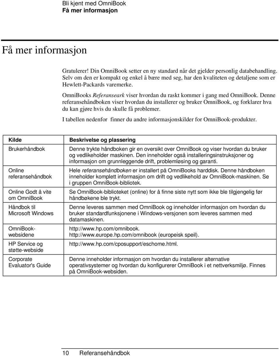 Denne referansehåndboken viser hvordan du installerer og bruker OmniBook, og forklarer hva du kan gjøre hvis du skulle få problemer.